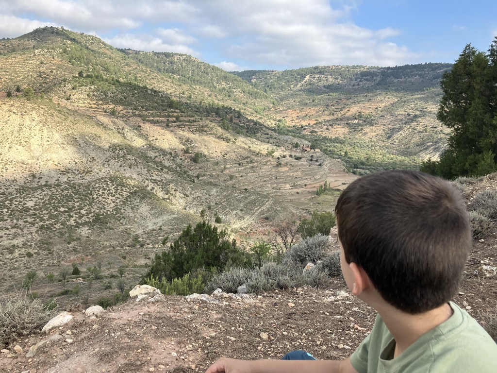 Blas Valentín Pancorbo mira la aldea de Barrachina. Durante un momento el sol iluminó la aldea. Cuando quise sacar el móvil para inmortalizar el momento, el sol se escondió y salió otra foto menos espectacular. Tal vez sea mejor así. 