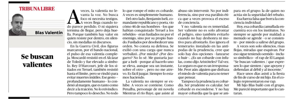 Se buscan valientes. Texto de Blas Valentín en El Periódico de Aquí, en Valencia.