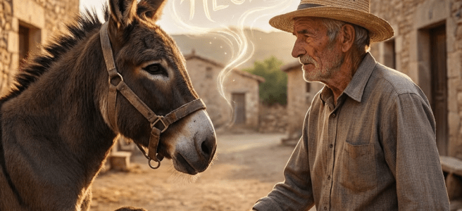 Elderly man shakes a donkey's hoof in a village with the text TRATO HECHO above.