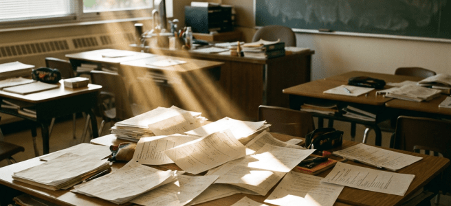 Classroom desks cluttered with papers and school supplies illuminated by sunlight