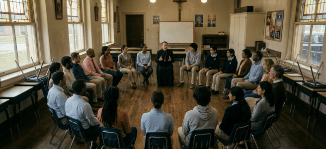 Student sitting at a desk with a Catholicism book and water bottle, looking out a window, while a nun teaches students in a classroom