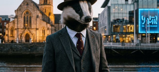 Badger wearing a tweed suit, tie, and brown hat standing outdoors near water with buildings in the background