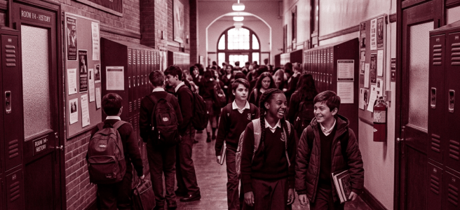 Middle school students in uniforms walking and talking in hallway with lockers
