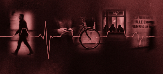 Heartbeat line connecting scenes of a walking man, a person with a phone, a bicycle, and a café with people inside