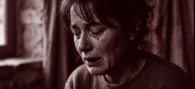 Woman with tears streaming down her face in emotional distress
