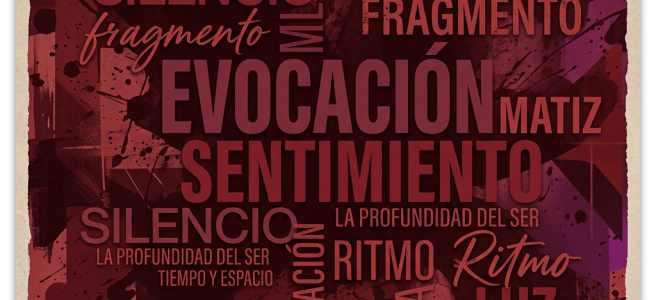 Spanish words related to emotion and reflection in varying fonts on maroon background