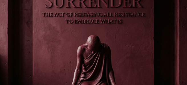 A person kneeling meditatively with head bowed under the word 'Surrender' and its definition