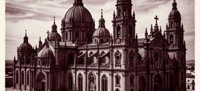 Historic cathedral featuring large domes, tall bell towers, and ornate architectural details