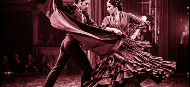 Man and woman performing flamenco dance with flowing costumes on stage