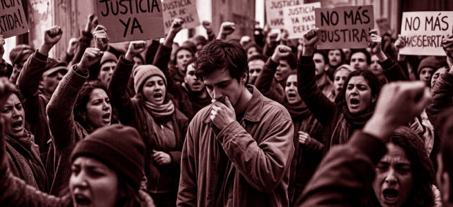 Crowd of protesters holding signs that say 'Justicia Ya' and 'No Más Justicia'