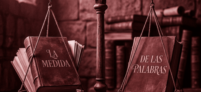 A wooden balance scale holding two books, one titled 'La Medida' and the other 'De Las Palabras'