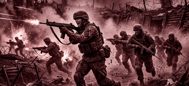 Soldiers running through muddy battlefield firing rifles during intense combat