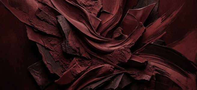 Dark red abstract shapes with layered textures and rough surfaces