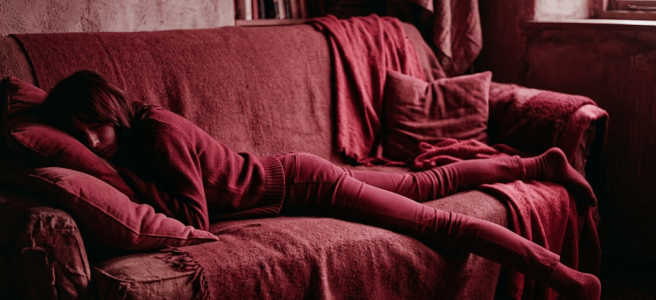 Woman sleeping on a red-covered sofa with cushions and blankets