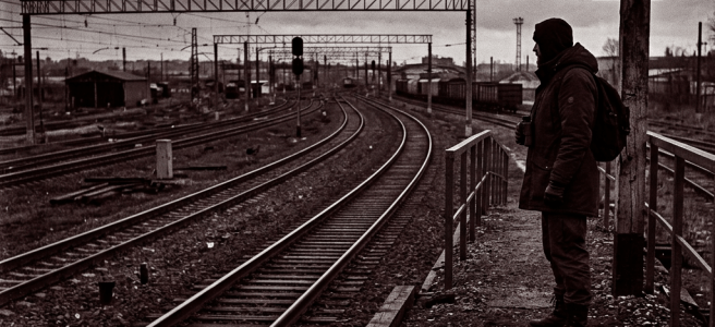 Person in winter clothing standing beside railway tracks under dark clouds