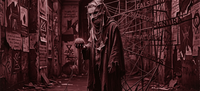 Hooded figure entangled in strings attached to signs reading engaño, falsedad, secretos, mentira, fraudes, enredos