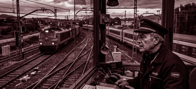 Train dispatcher in uniform inside control booth watching trains on tracks