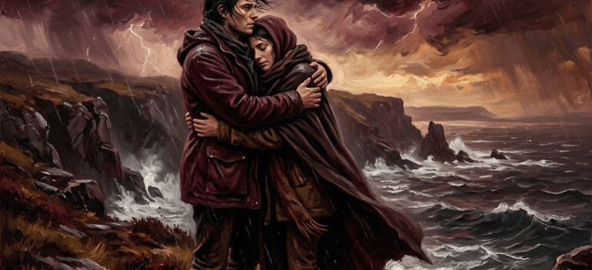 Couple embracing on rocky coastline under stormy clouds and lightning