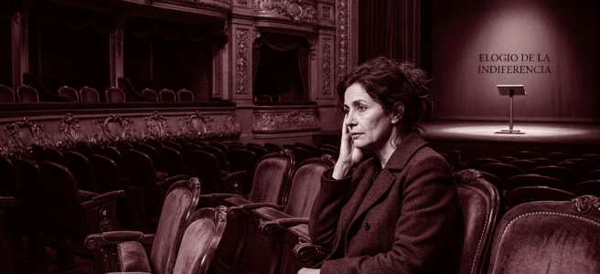 Woman sitting alone in an empty ornate theater with stage and sign reading ELOGIO DE LA INDIFERENCIA