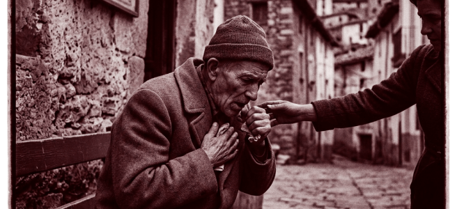 Elderly man in coat sitting on bench coughing while another person offers assistance outdoors