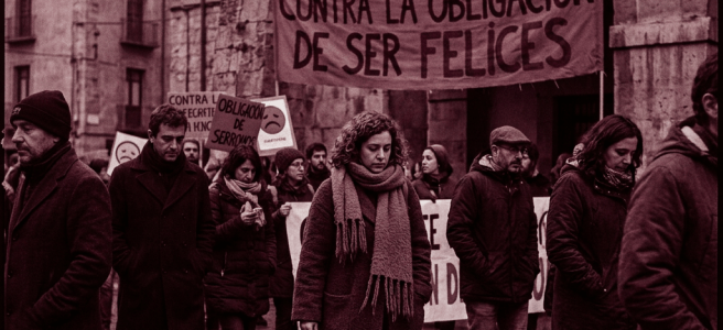 Group of people protesting with banners against the obligation to be happy