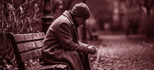 Elderly man in coat and hat sitting on a wooden bench in a dimly lit park pathway