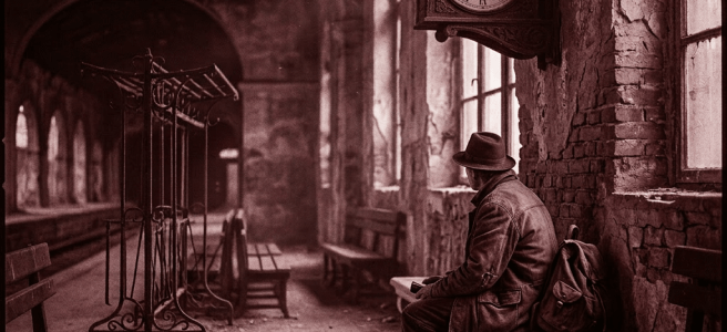Man sitting on bench in dilapidated train station under large clock