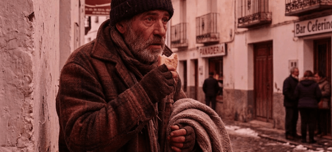Homeless man in warm clothing eating bread on a snowy cobblestone street with buildings in background