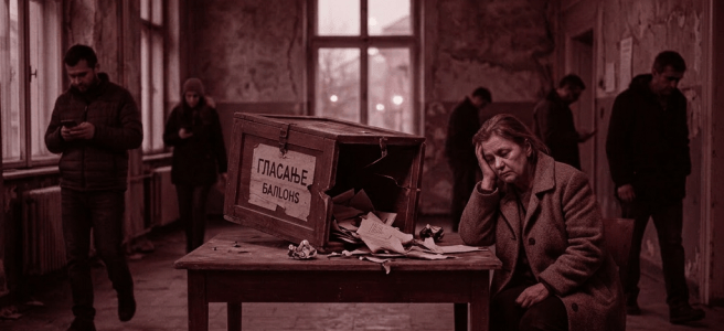 Worn voting room with torn papers, damaged ballot box, and concerned woman sitting