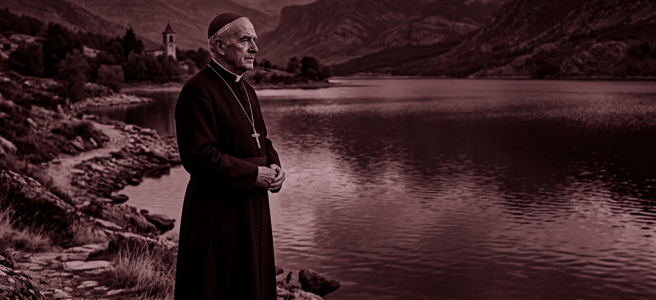 Clergyman wearing black robe and cross standing on rocky shore by lake with mountains