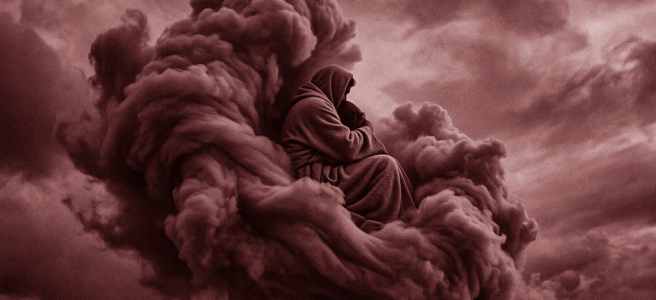 Hooded figure seated on swirling cloud formation against dark sky