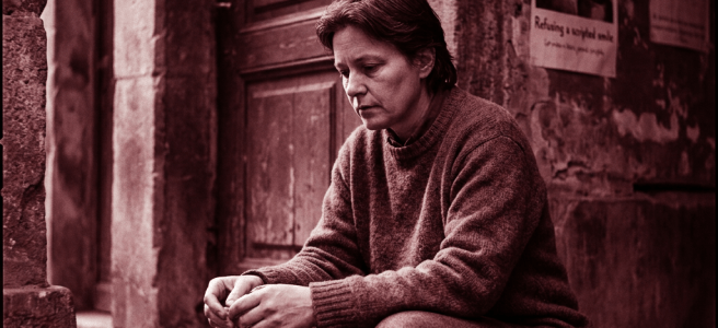Person sitting pensively on a stone step in front of a weathered door