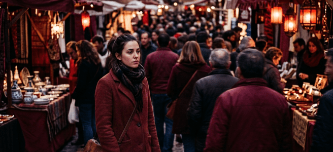 Woman in red coat walking through crowded evening street market with illuminated stalls