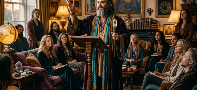 Bearded robed speaker addressing seated group in richly decorated study