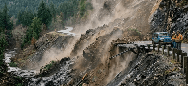 Two road workers stand beside a vehicle near a mountain road landslide