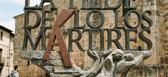 Stone monument with large letters before a historic church