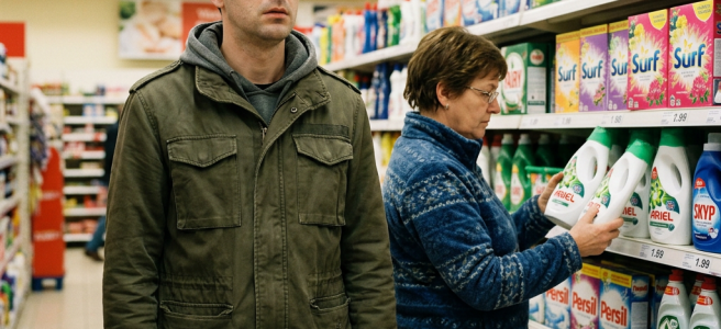 Two shoppers examining laundry detergents in a supermarket aisle